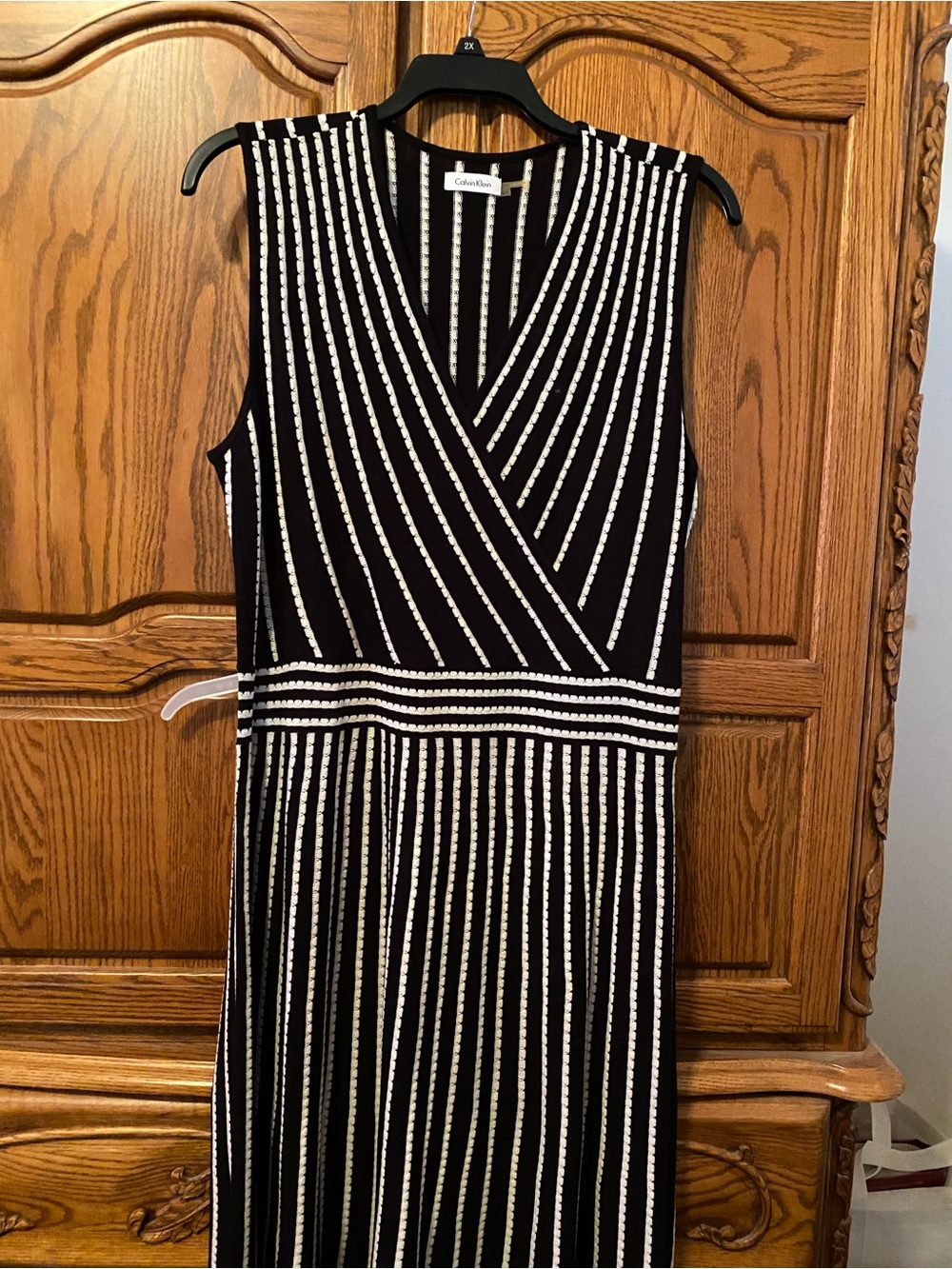 Calvin Klein Black & White Striped Sleeveless V-Neck Dress, 2X